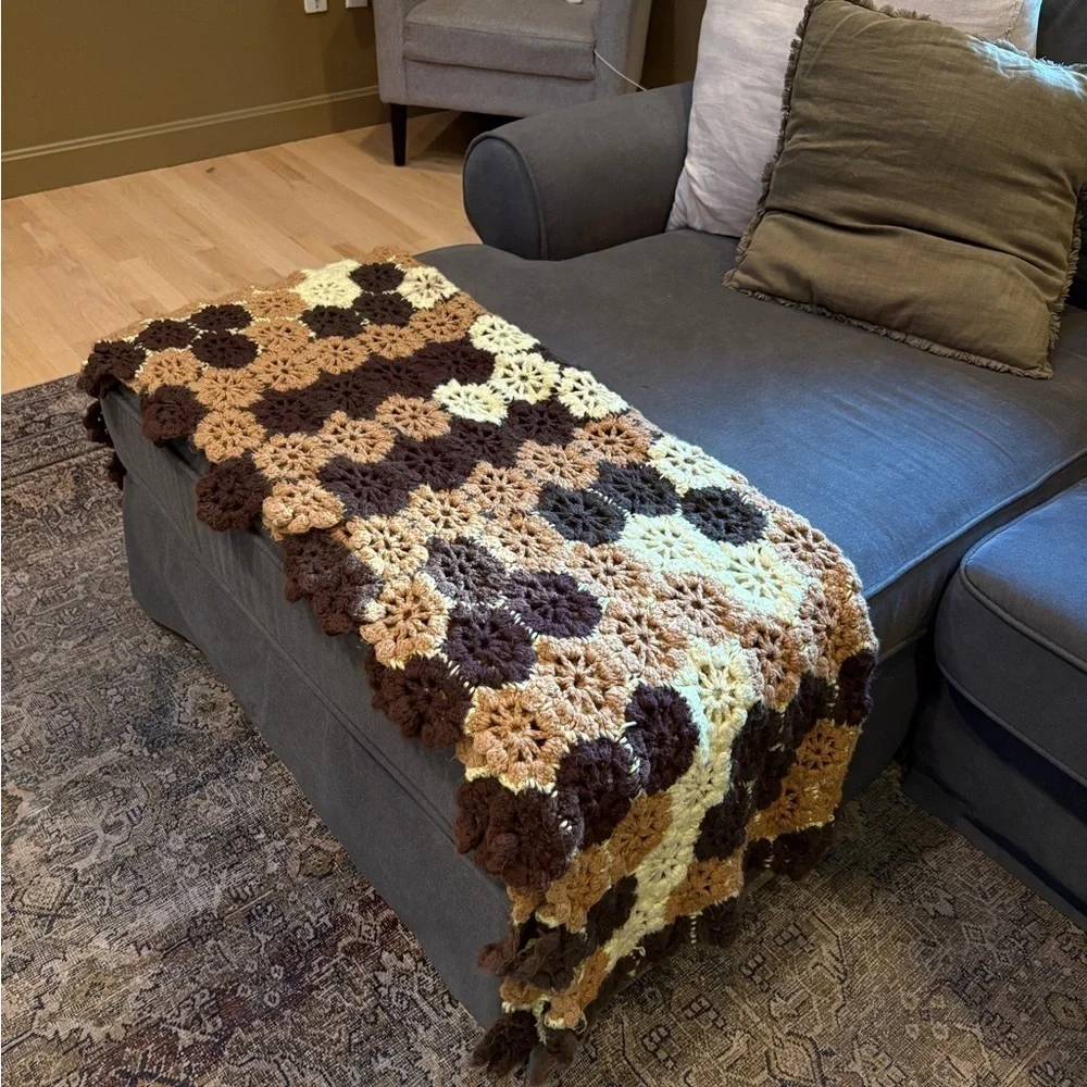 Handmade Hexagonal Crochet Blanket Brown Tan Cream